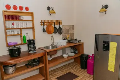 a kitchen with a sink and a refrigerator at Bongalows Chepe Araya in Pejibaye