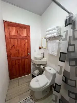 a bathroom with a toilet and a wooden door at Quinta La Esperanza in Chachagua