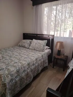 a bedroom with a bed and a window and a lamp at SJO airport eco-Escape, Villa Lapa 5 & Pool in Tivives