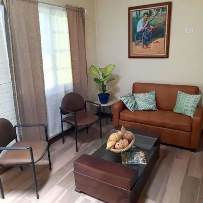 a living room with a couch and chairs at 2 Room 1 ba close to SJO airport, Poás and waterfalls in Alajuela City