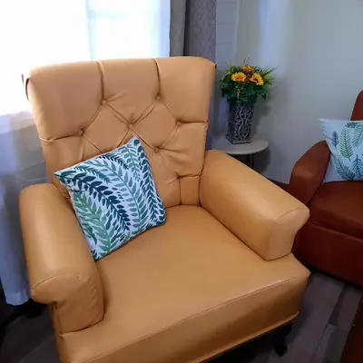 a brown leather chair with two pillows on it at 2 Room 1 ba close to SJO airport, Poás and waterfalls in Alajuela City