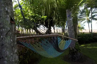 a blue hammock hanging from a tree at Hotel Pochote Grande in Jacó