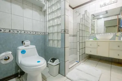 a bathroom with a toilet and a shower and a sink at Casa del Sol - Poolside Villa in Quepos