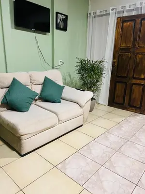 a living room with a couch with two pillows on it at Arenal Harmony-Acogedor Apartamento-La Fortuna in Fortuna