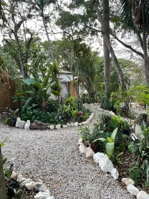 a garden with a gravel path and a house at La Selva in Hojancha