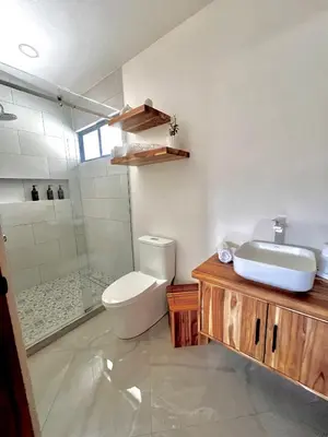 a bathroom with a toilet and a sink and a shower at Casa María - Playa hermosa Cóbano in Playa hermosa