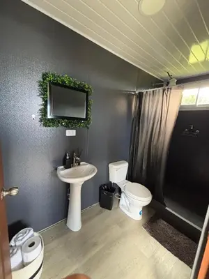 a bathroom with a toilet and a sink at El Cedro Lodge in Alajuela City