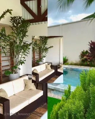 a collage of four pictures with a couch and a pool at Trébol House in Cuatro Esquinas