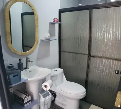 a bathroom with a toilet and a sink and a mirror at Aqua Heaven in Jabillos
