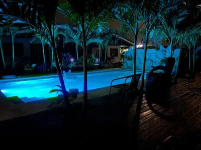 a pool at night with palm trees in the foreground at Aqua Heaven in Jabillos