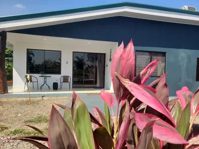 a blue house with pink plants in front of it at Aqua Heaven in Jabillos