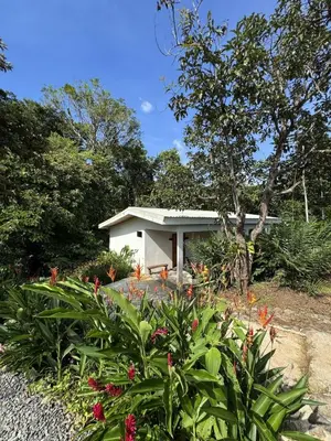 a small white building in a garden with flowers at Jungle Bungalow at Oropel Lodge in Puerto Viejo
