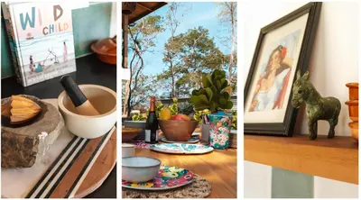 a collage of pictures of a room with a table with a horse statue at Casa Cadejo- Incredible Surf House In Playa Grande in Playa Grande