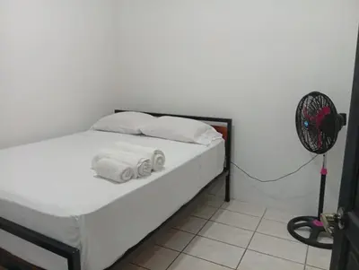 a bedroom with a bed with two pillows and a fan at Apartamentos GoZu # 2 in Puerto Viejo
