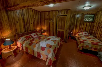two beds in a room with wooden walls at Hospedaje Mariposa in Monteverde Costa Rica