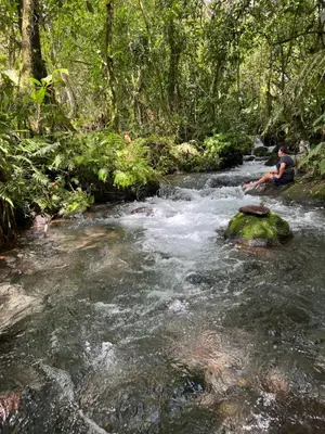 a man sitting on a rock in a stream at Aire Agua y Naturaleza in Guácimo
