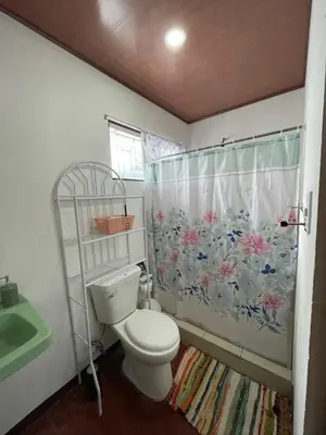 a bathroom with a toilet and a shower curtain at Hospedaje Casa Mar in Liberia
