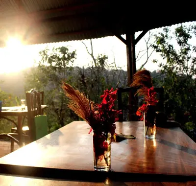 two vases with red flowers on a wooden table at Tierra Madre Eco Lodge in Los Andes