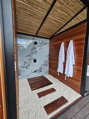 a room with a door with white towels on it at Moonlight 02 in Fortuna