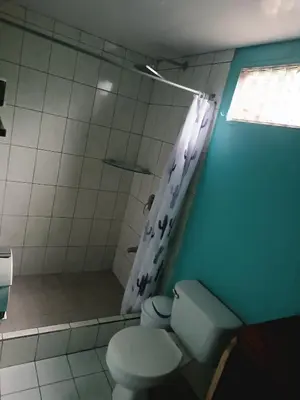 a bathroom with a toilet and a shower at Hostel Monteverde Backpackers in Monteverde Costa Rica