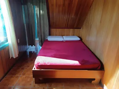 a bed in a wooden room with a red mattress at Hostel Monteverde Backpackers in Monteverde Costa Rica