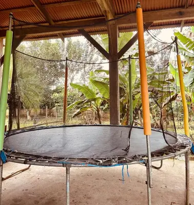 an empty trampoline in a pavilion at Volcano Refuge House in Fortuna