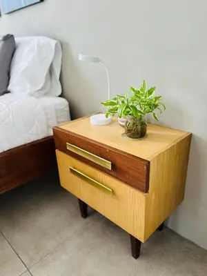 a nightstand with a plant on it next to a bed at Apartamento Einoah in Puerto Limón