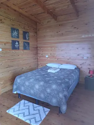 a bedroom with a bed in a wooden cabin at Hospedaje Jac Cabaña de Campo in Cartago