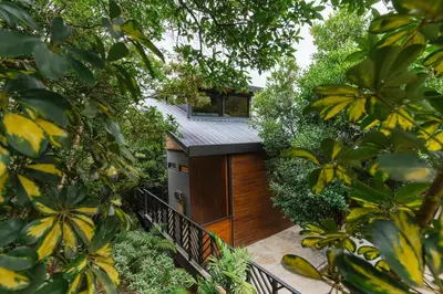 a house with a metal roof in the middle of trees at NATURAVE HOME - Tiny house with mountain view in Monteverde Costa Rica