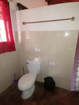 a bathroom with a white toilet in a room at Cabinas casa las flores in Montezuma