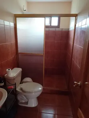 a bathroom with a toilet and a shower at Casa Victoria in Orosí