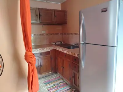 a kitchen with a white refrigerator and wooden cabinets at Casa Canadiense in Chacarita