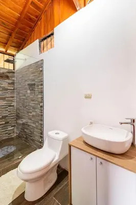 a bathroom with a toilet and a shower at Gamboa Cabin - Delightful Couples Vacation Cabin in Fortuna