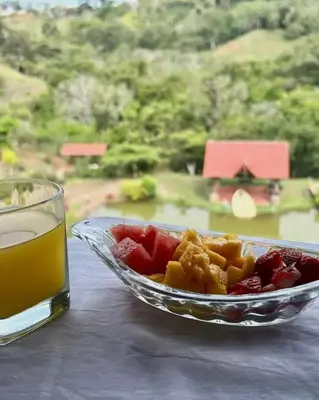 a bowl of fruit next to a glass of orange juice at Marcana Occidente in San Ramón