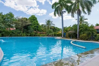 a swimming pool with blue water and palm trees at Casa Colibrí - Villagio 372A in Potrero