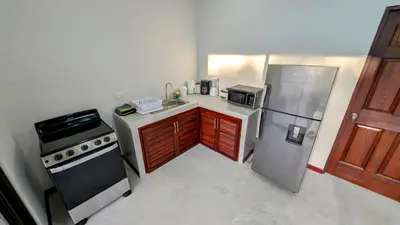 a small kitchen with a sink and a refrigerator at Los Mangos Nosara in Nosara