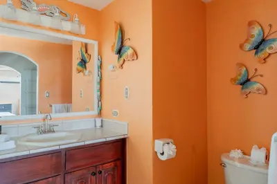 a bathroom with a sink and a mirror and butterflies on the wall at Altavista #3 in Jacó