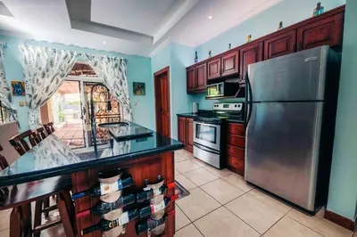 a kitchen with a stainless steel refrigerator and wooden cabinets at Villa Atardecer by Vacation Pura Vida in Bejuco