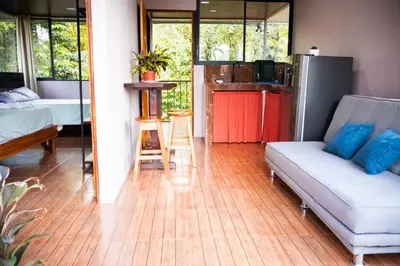 a living room with a couch and a bed at Chiri's Cabin in San Gerardo