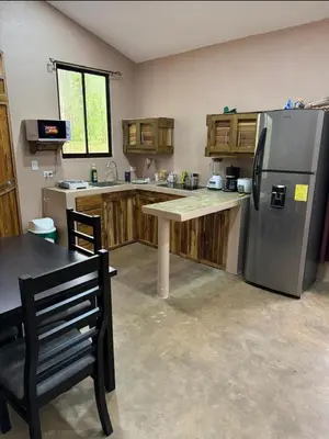 a kitchen with a stainless steel refrigerator and wooden cabinets at New casita walking distance to Avellanas beach in Río Sequito