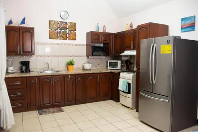 a kitchen with wooden cabinets and a stainless steel refrigerator at Apartments-Villas Playa Potrero 1 in Potrero