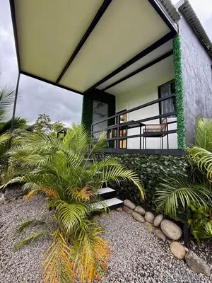 a house with a balcony with palm trees in front of it at Mini Casa Aura in Fortuna