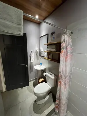 a bathroom with a toilet and a sink at Apartamentos Mansión Tropical in Quepos