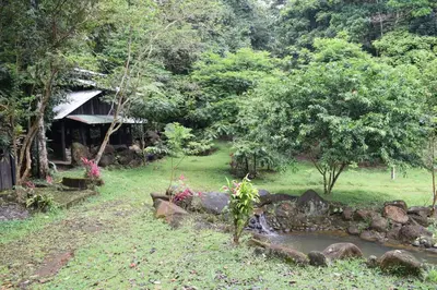 a garden with a pond in front of a house at Mirador Prendas in Sarapiquí