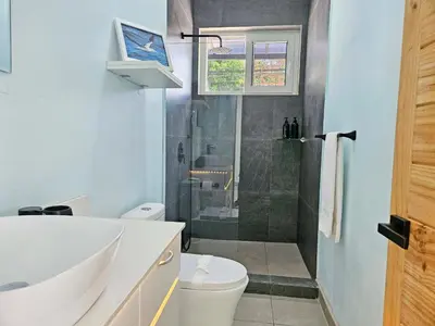 a bathroom with a shower and a toilet and a sink at Luxury Villa with rooftop infinity pool and walk away from the beach in Jacó