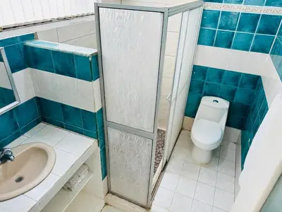 a bathroom with a shower and a toilet and a sink at Casa Pura Vida in Puntarenas