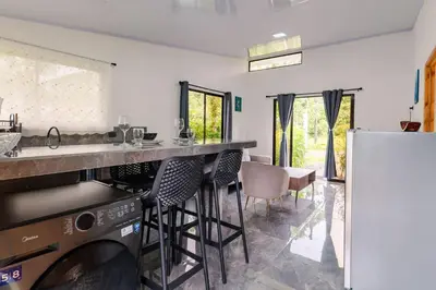 a kitchen with a counter and a sink and a dishwasher at Villa Tucán Fortuna in Fortuna