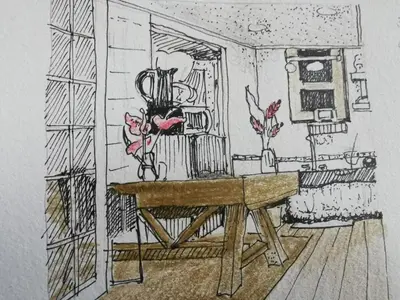 a drawing of a room with a table at Natural - cabin, 30 min Fortuna, wifi 200mb in San Pedro