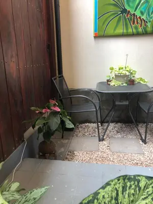 a table and chair with some plants on it at Playa Grande, Las Baulas National Park BnB in Playa Grande