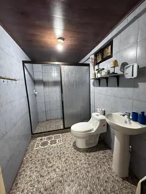 a bathroom with a shower and a toilet and a sink at Vacaciones en Tortuguero in Tortuguero